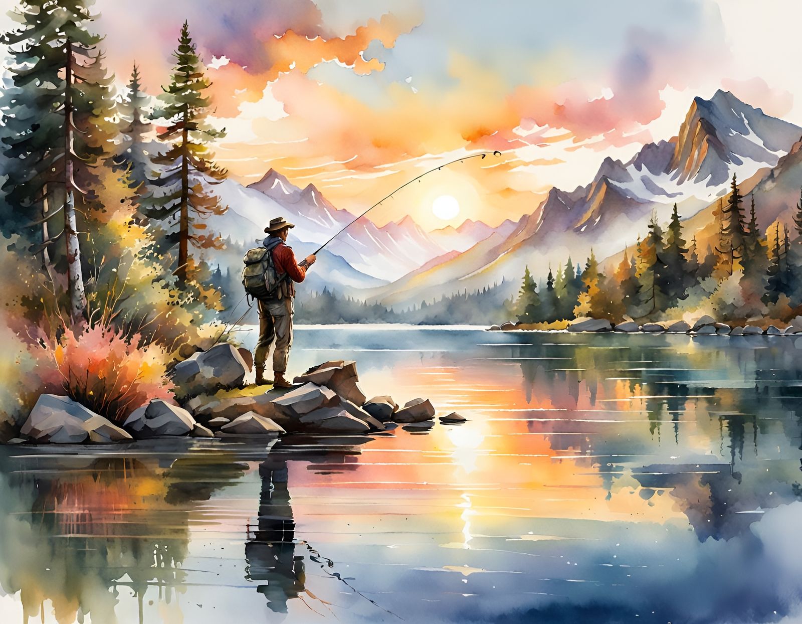 Man Fly Fishing at Sunrise: Watercolor Illustration