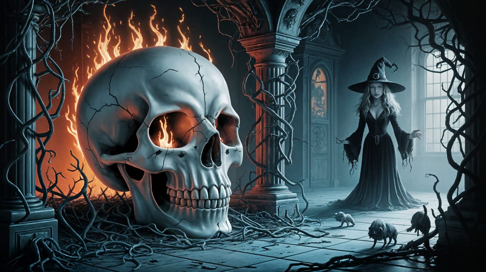 Mysterious Skull Enclosure in Dark Mansion Scene