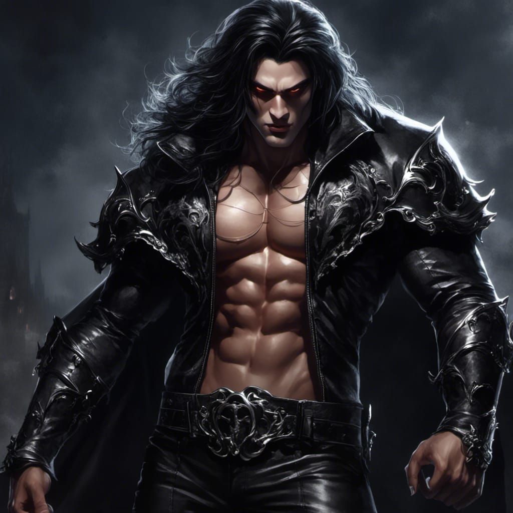 Handsome Vampire Smirking with Fangs and Gothic Attire