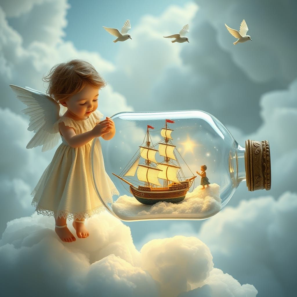 Angelic Child Plays with Miniature Ship in Heavenly Room