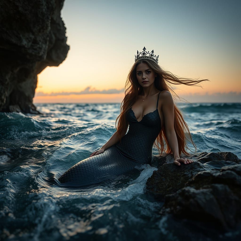 Sun-Tanned Mermaid Resting Near Rocks at Dusk