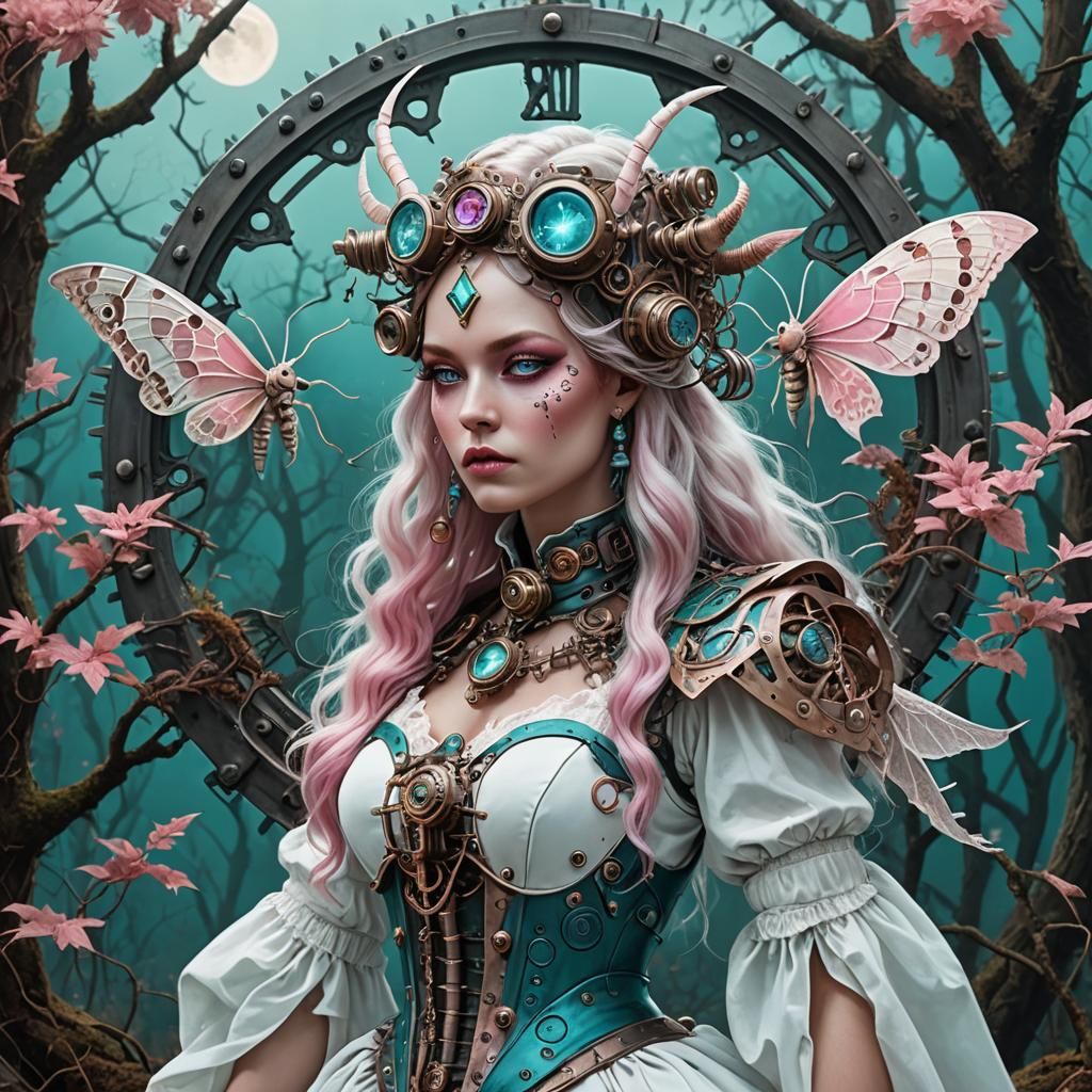 Steampunk Scorpion Moth Witch in Teal Forest