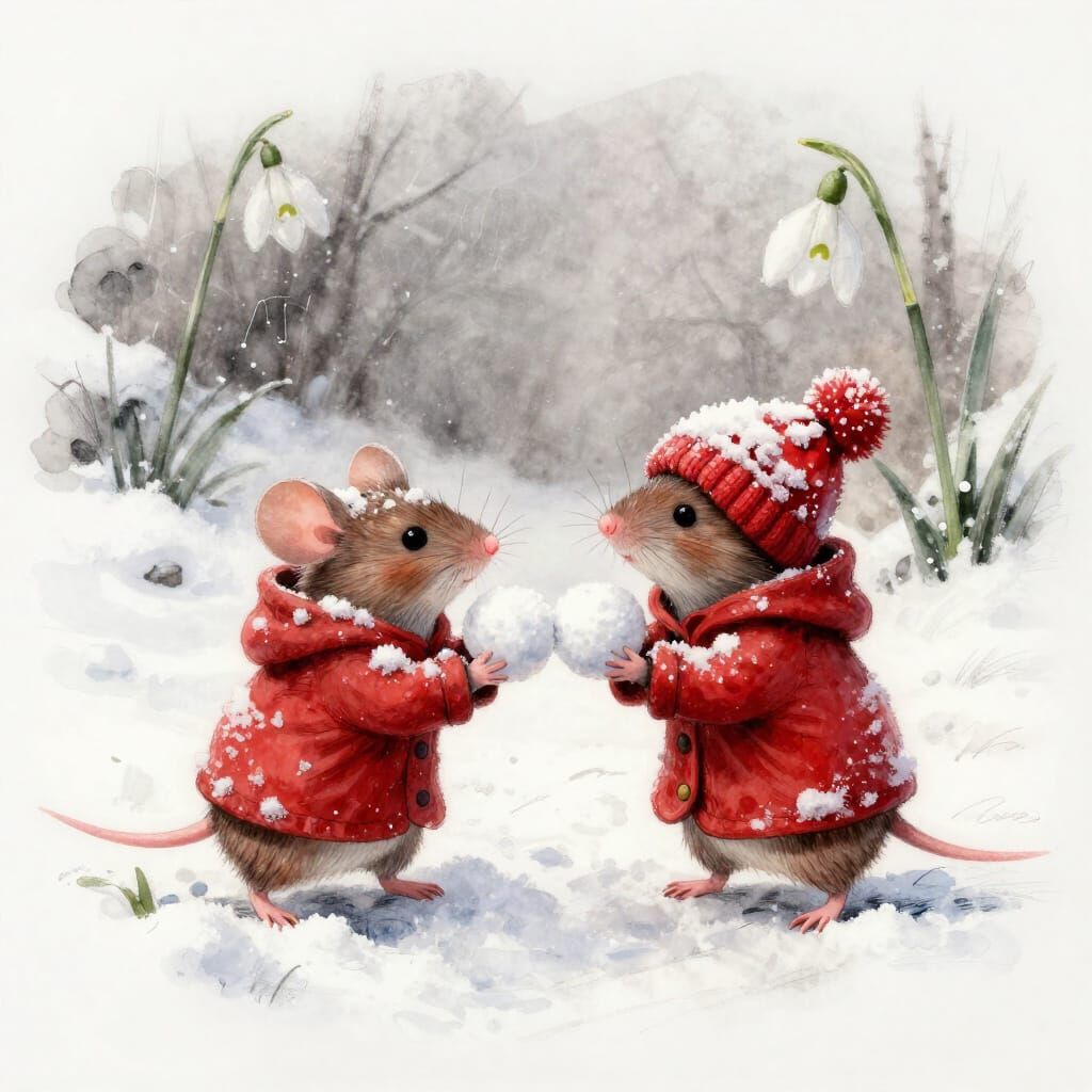 Mice in Winter Coats Having Snowball Fights