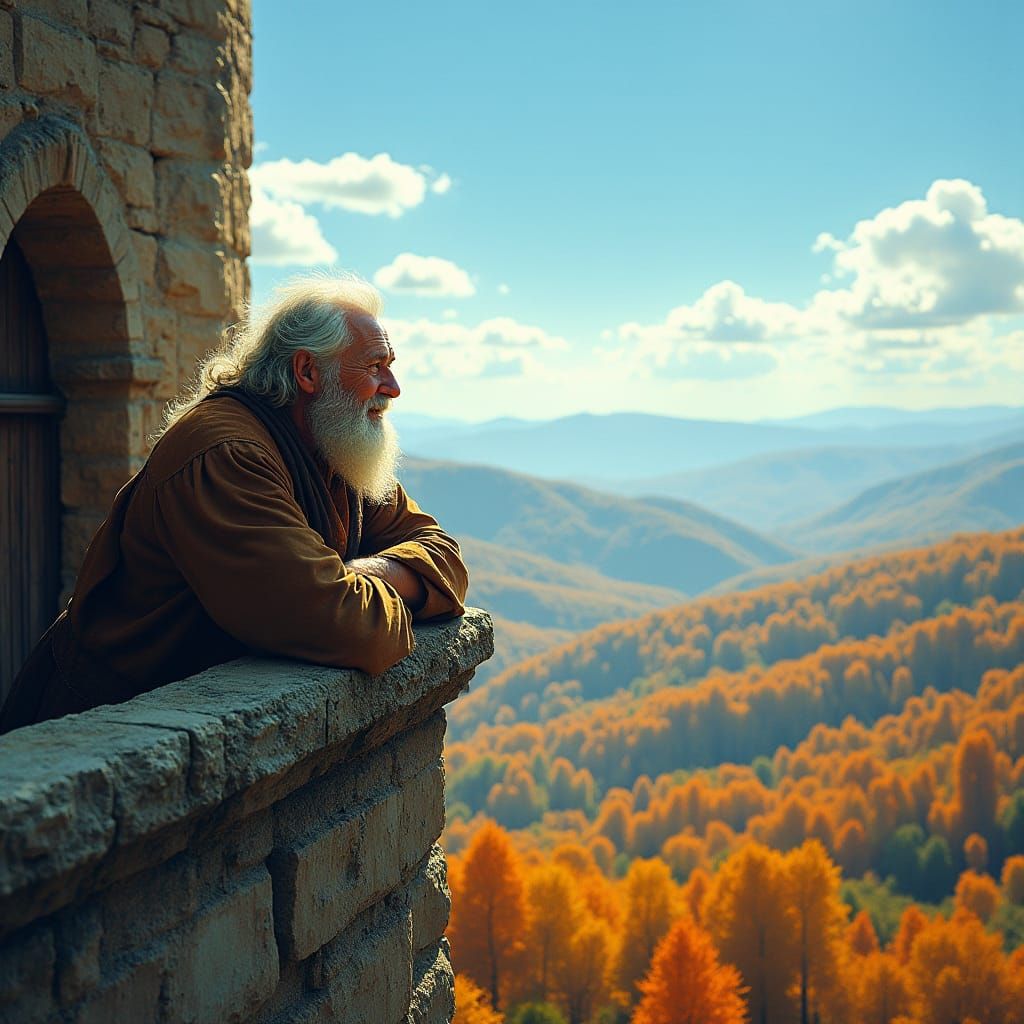 Hopeful Man Gazes at Autumn Landscape, Cinematic Style