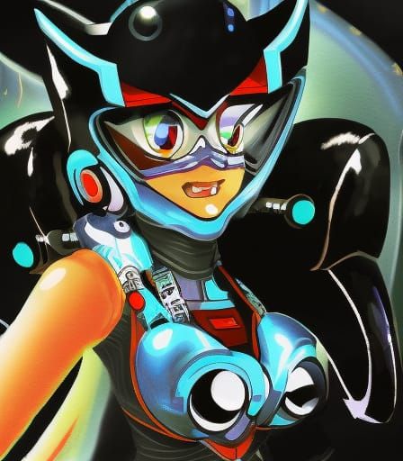 MegaMan Goddess in Dark Futuristic Ink Painting