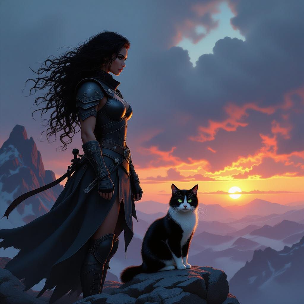 Warrior and Cat on Stormy Mountain Peak