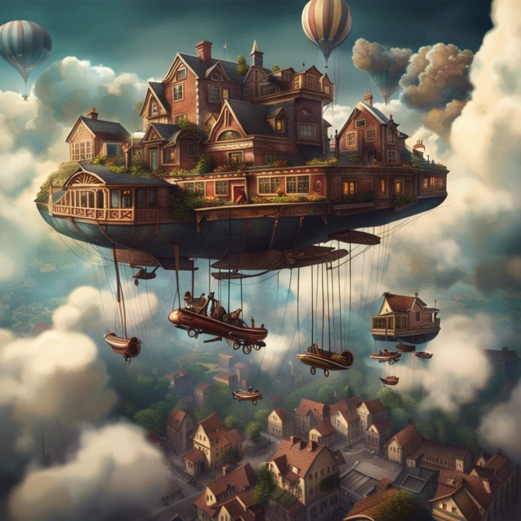 Floating Cloud Town with Vintage Aircraft
