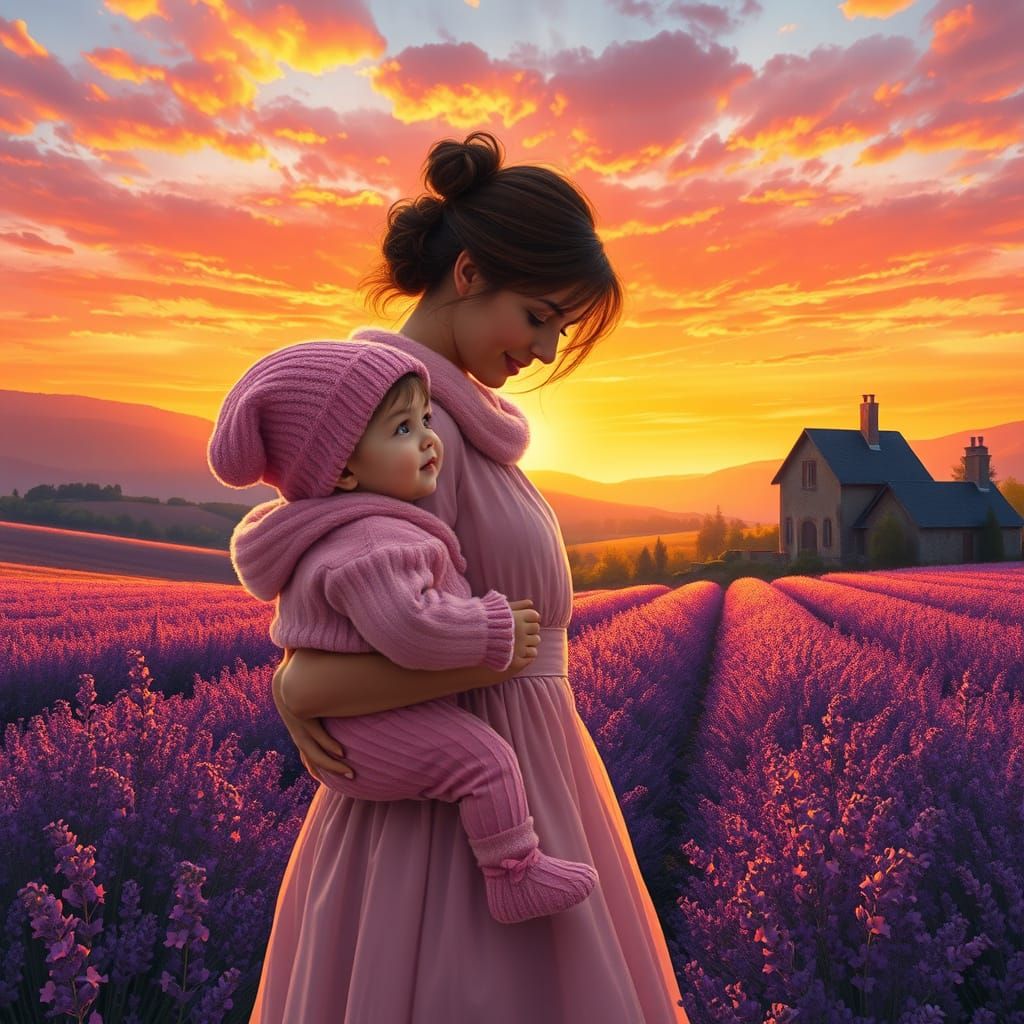 Mother and Child Silhouetted Against Vibrant Sunrise in Fran...