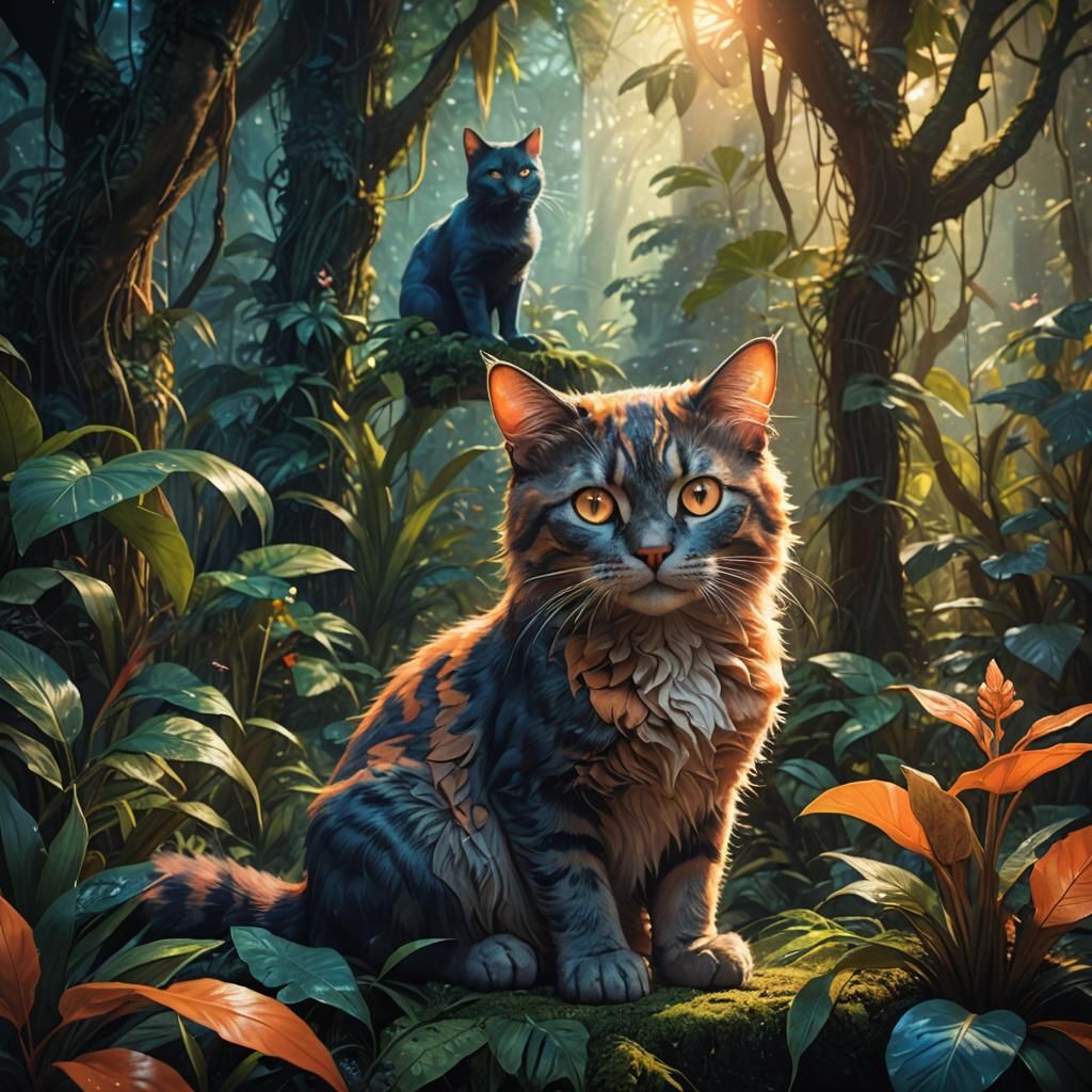 Mystical Cat in Rainforest: Fantasy Concept Art