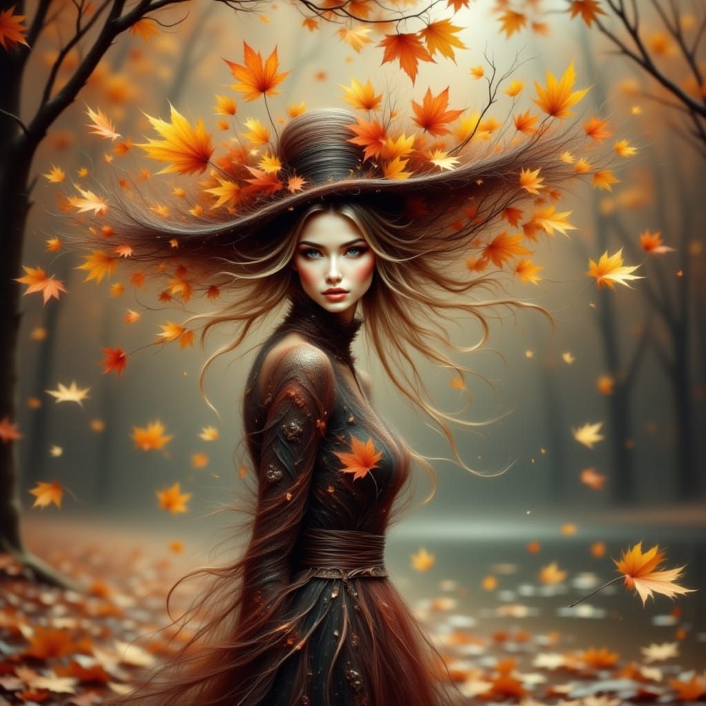 Autumn Woman in Park with Leaf Beret