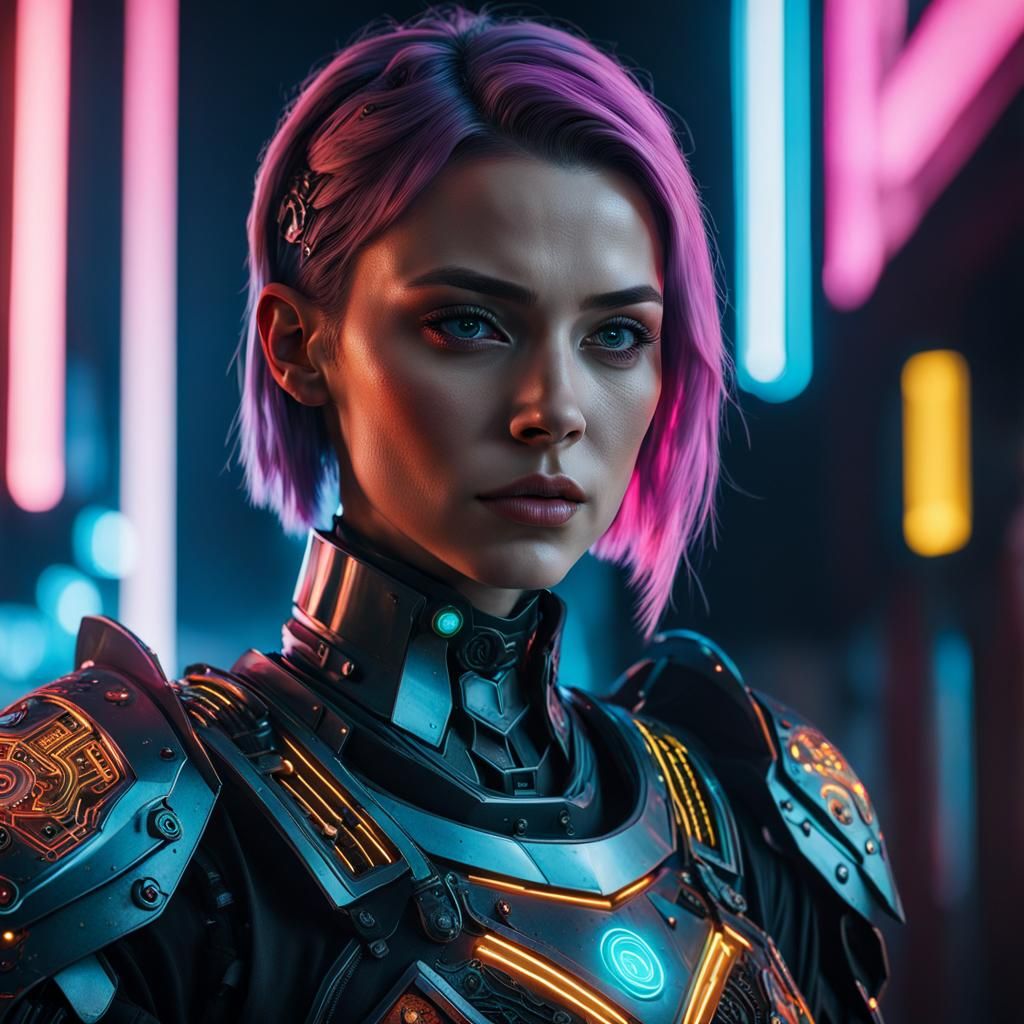 Cyberpunk Knight Portrait with Neon-Lit Armor