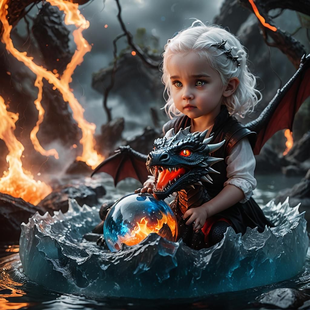 Vampire Child with Dragon Orb in Dramatic Sky