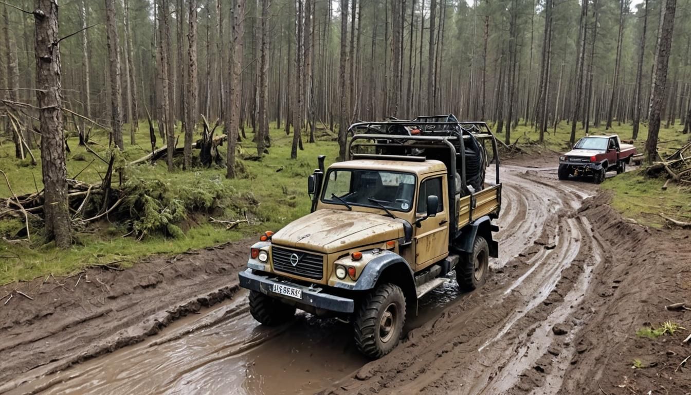 Unimog Truck Rescuing Volvo in Muddy Forest