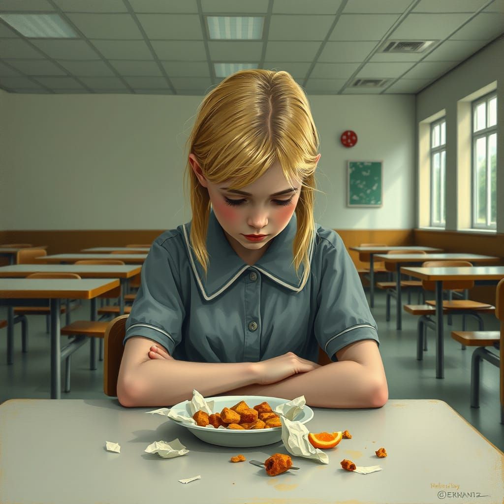 Shameful Moment in a Quiet Lunchroom, in a Soft Realist Styl...