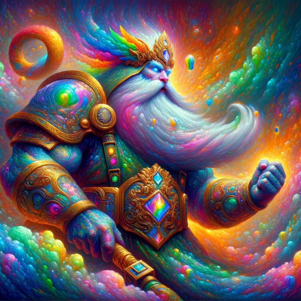 Divine Warrior Mage with Rainbow Beard Casting Rune Shield