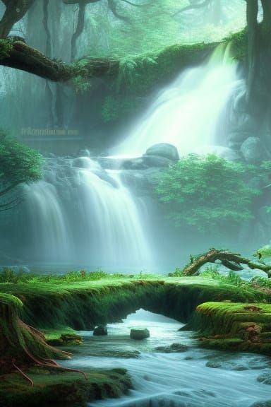 Lush Forest Waterfalls in Detailed Matte Painting