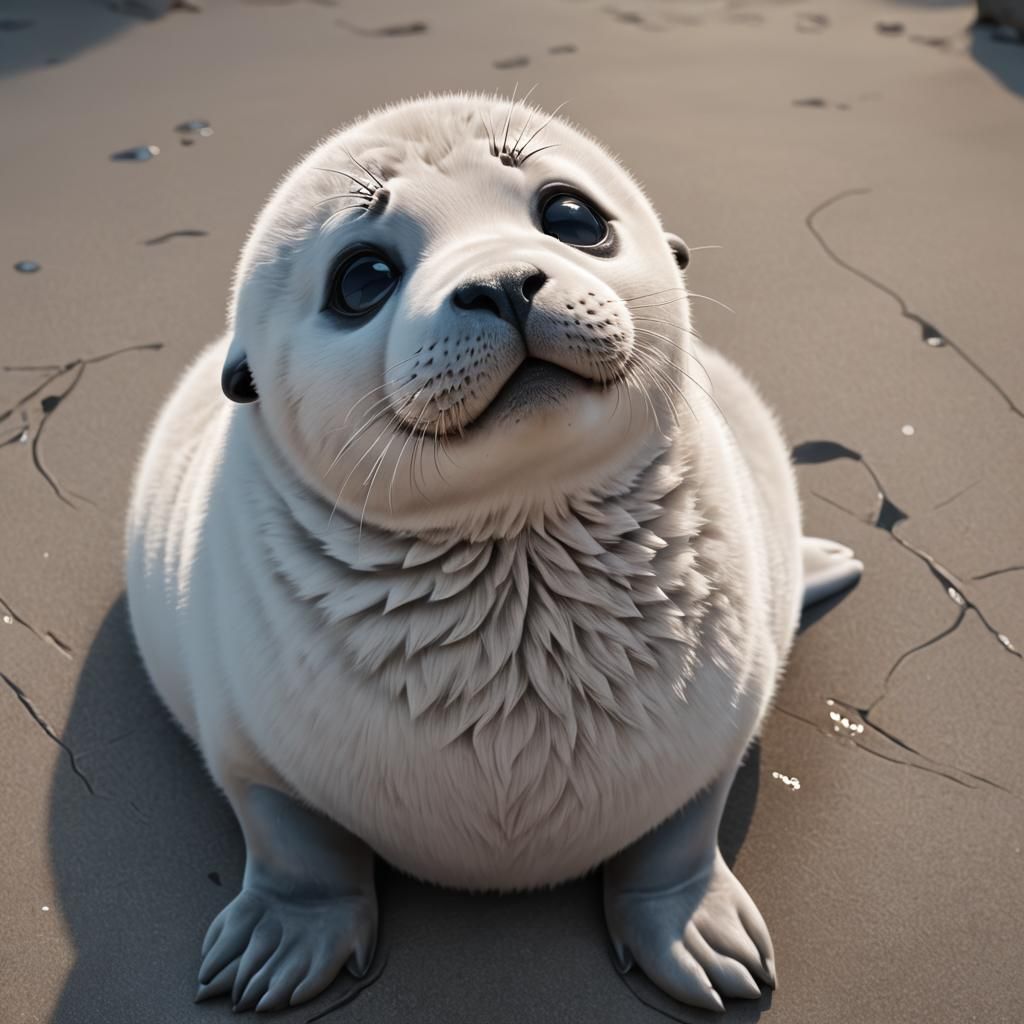 Fluffy Baby Seal with Sad Eyes: Anime Style 3D Art