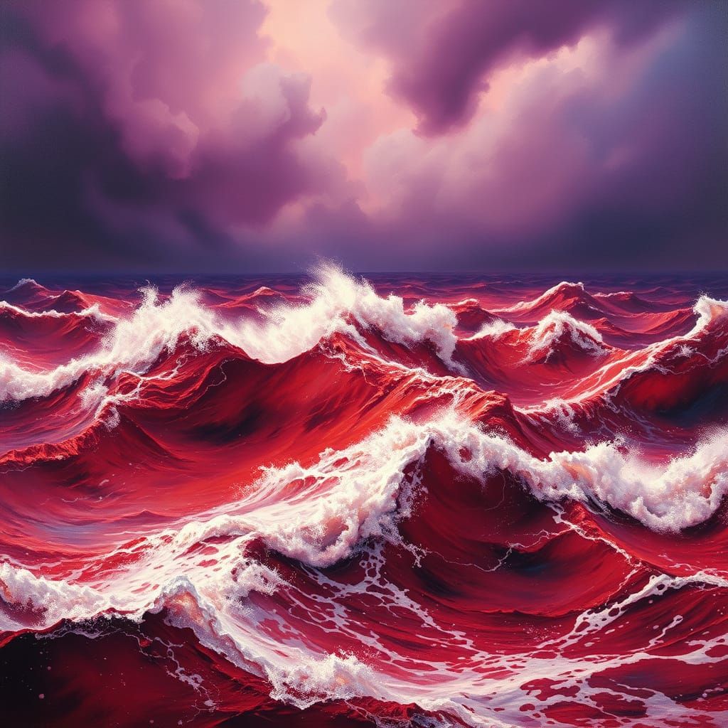 Turbulent Crimson Ocean Under Stormy Skies