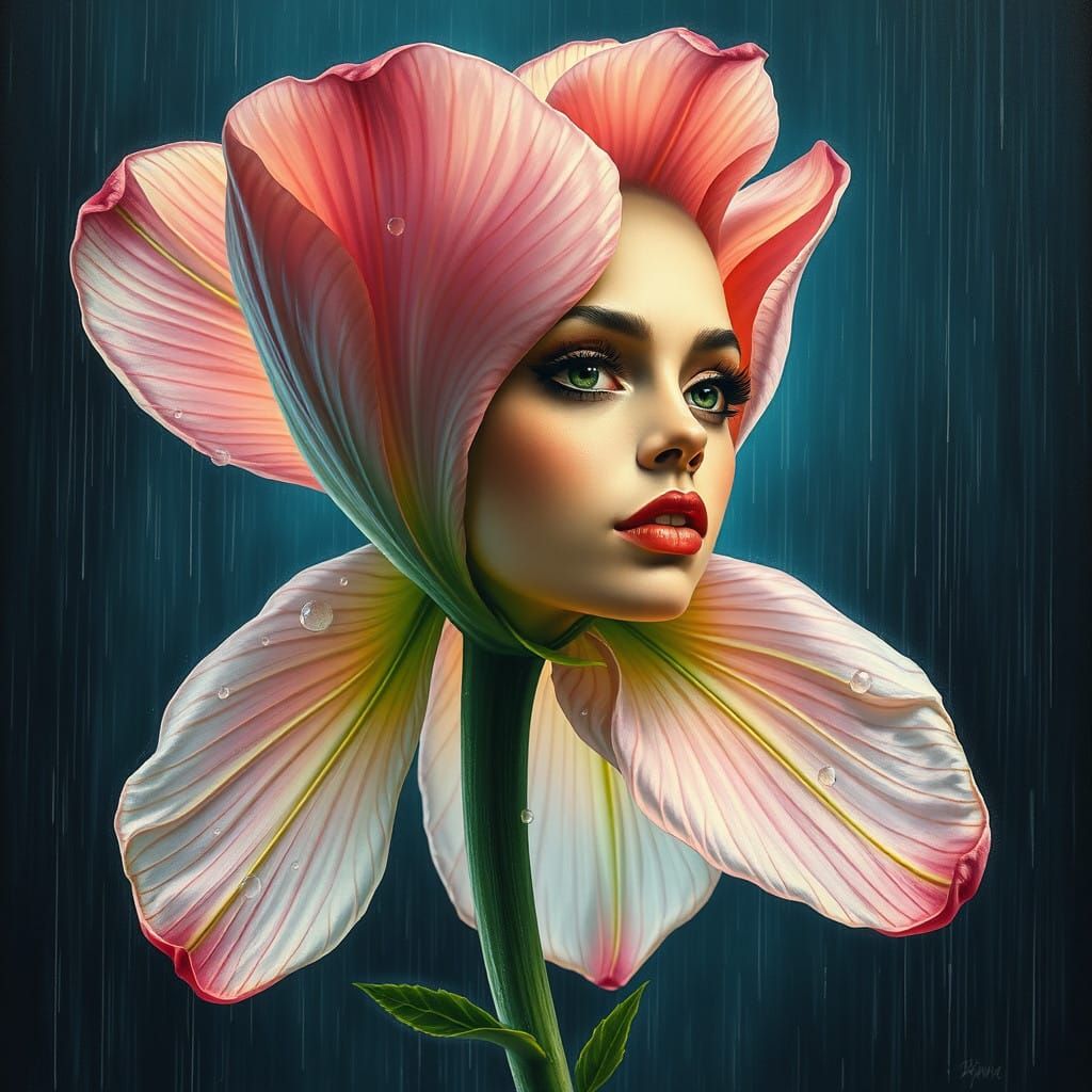 Surreal Pastel Pink Blossom Goddess Illuminated in Rainy Nig...