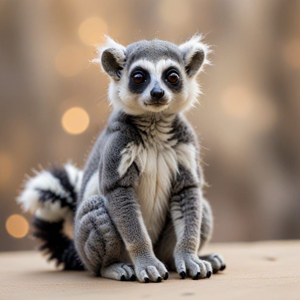 Whimsical Needle-Felted Lemur with Striped Tail