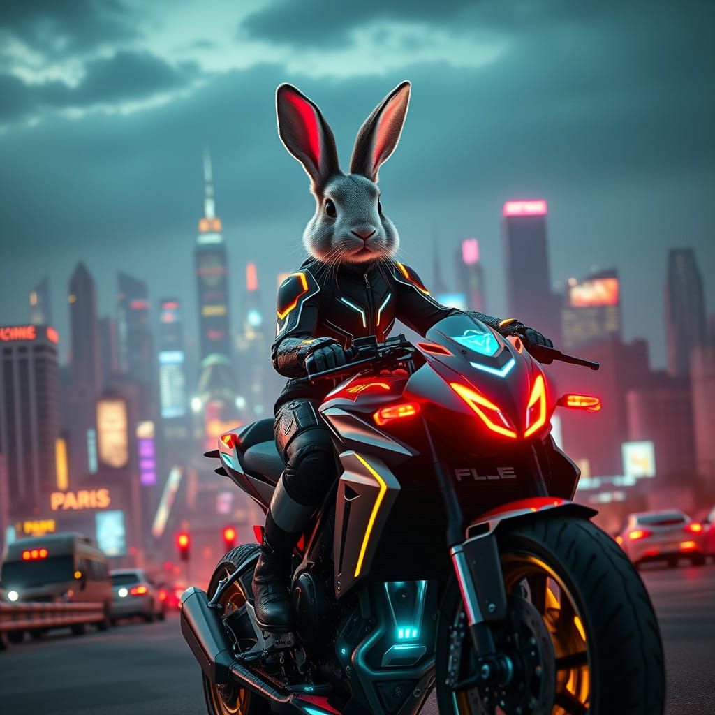 Cyber Warrior Rabbit in Neon Drenched Cityscape