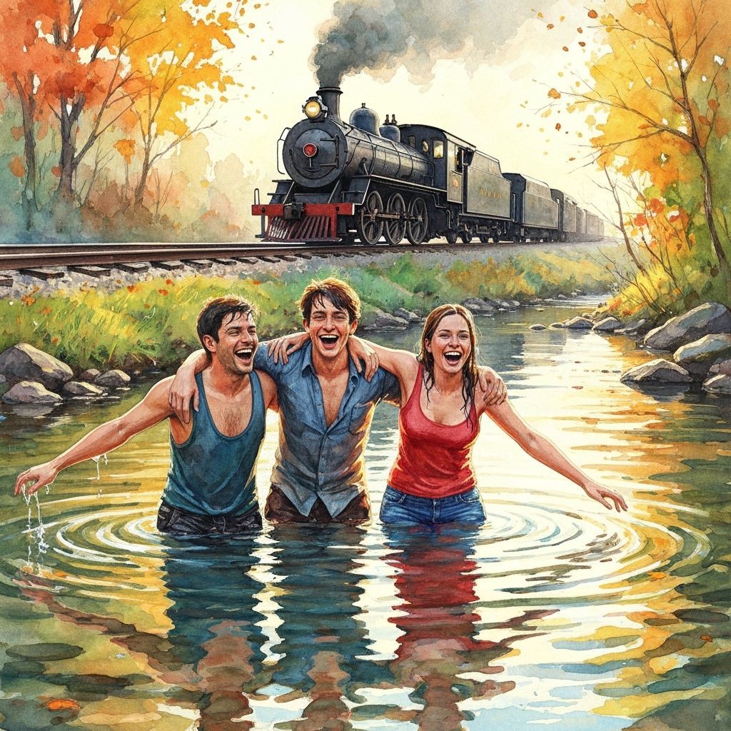 Joyful Friends Emerge From Creek in Autumn Watercolor