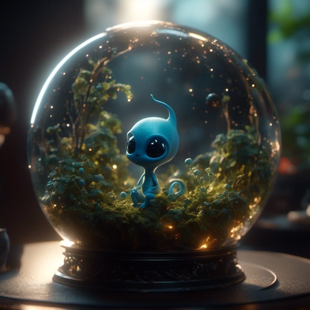 Tiny Alien Inside Glass Globe in 3D
