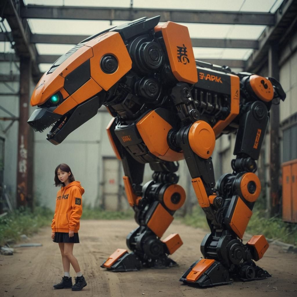 Brunette Girl with Robot Dog: Cinematic Film Still