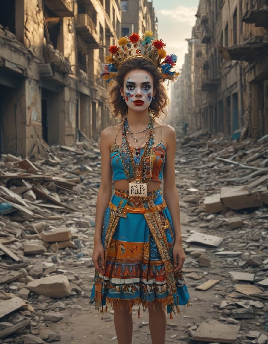 Miss Clown Parades Through Bombed City: Photojournalism