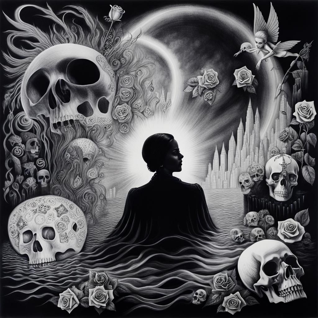 Surreal Crayon Drawing of Goth Woman in Pain