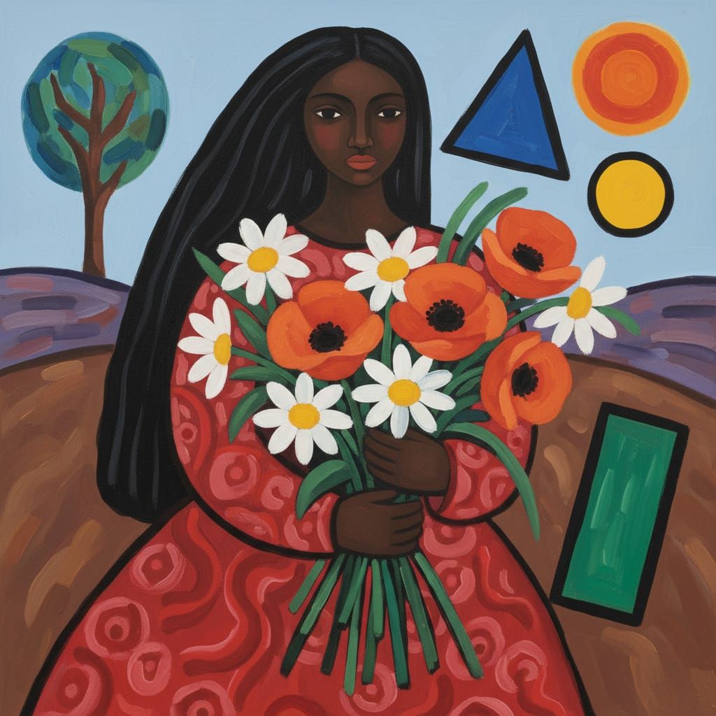 Black Girl with Flowers and Shapes in Tarsila do Amaral Styl...