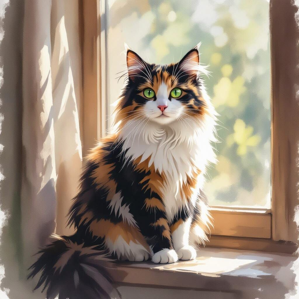 Fluffy Calico Cat on Sunlit Windowsill in Watercolor Style