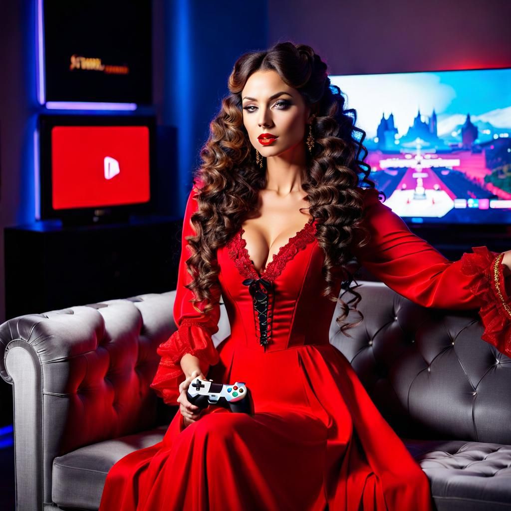 Gamer Girl in Red Regency Dress Playing Video Games