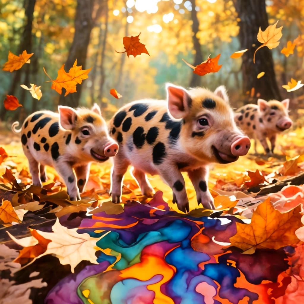 Wild Piglets Playfully Scattering Leaves In Forest Clearing