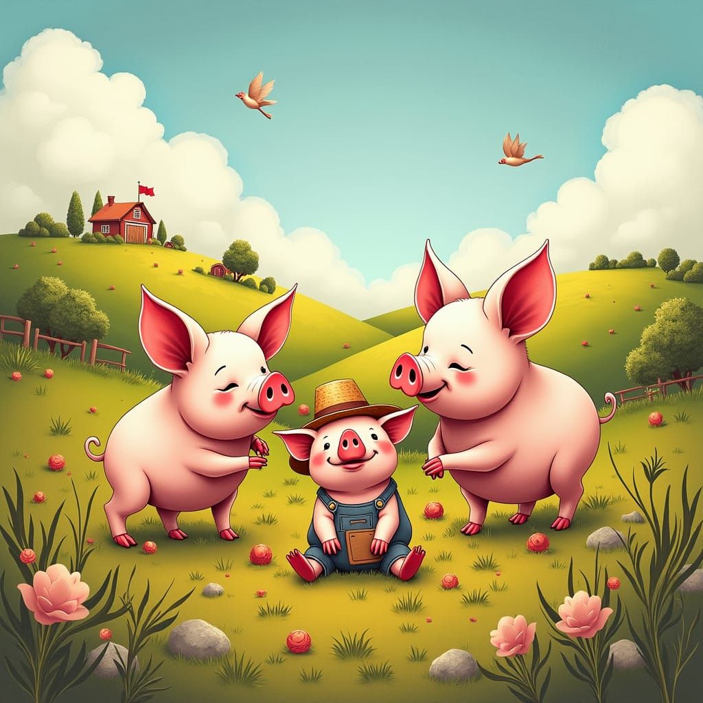 Whimsical Farm Scene with the Three Little Pigs