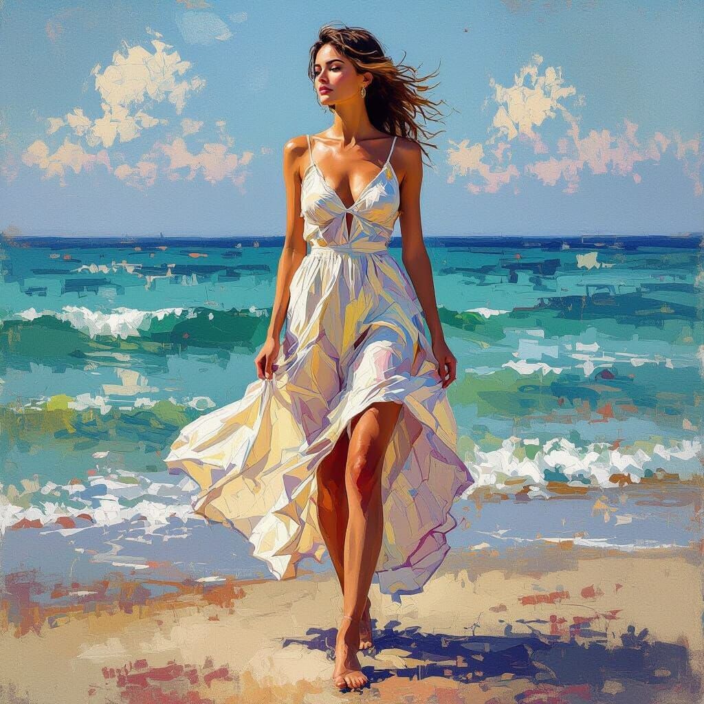 Woman in Beach Dress: Impressionist Style