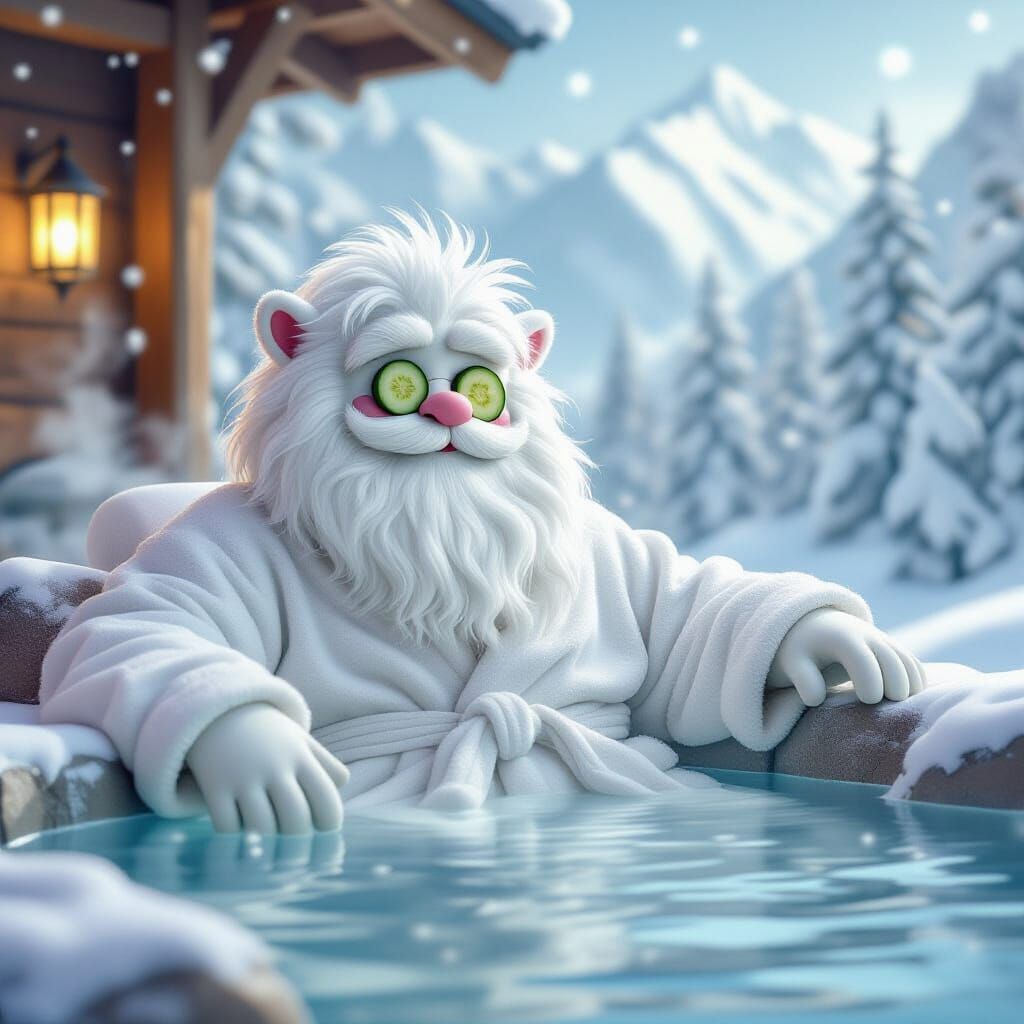 Fluffy Yeti Enjoys Luxury Spa Day in Snowy Mountains