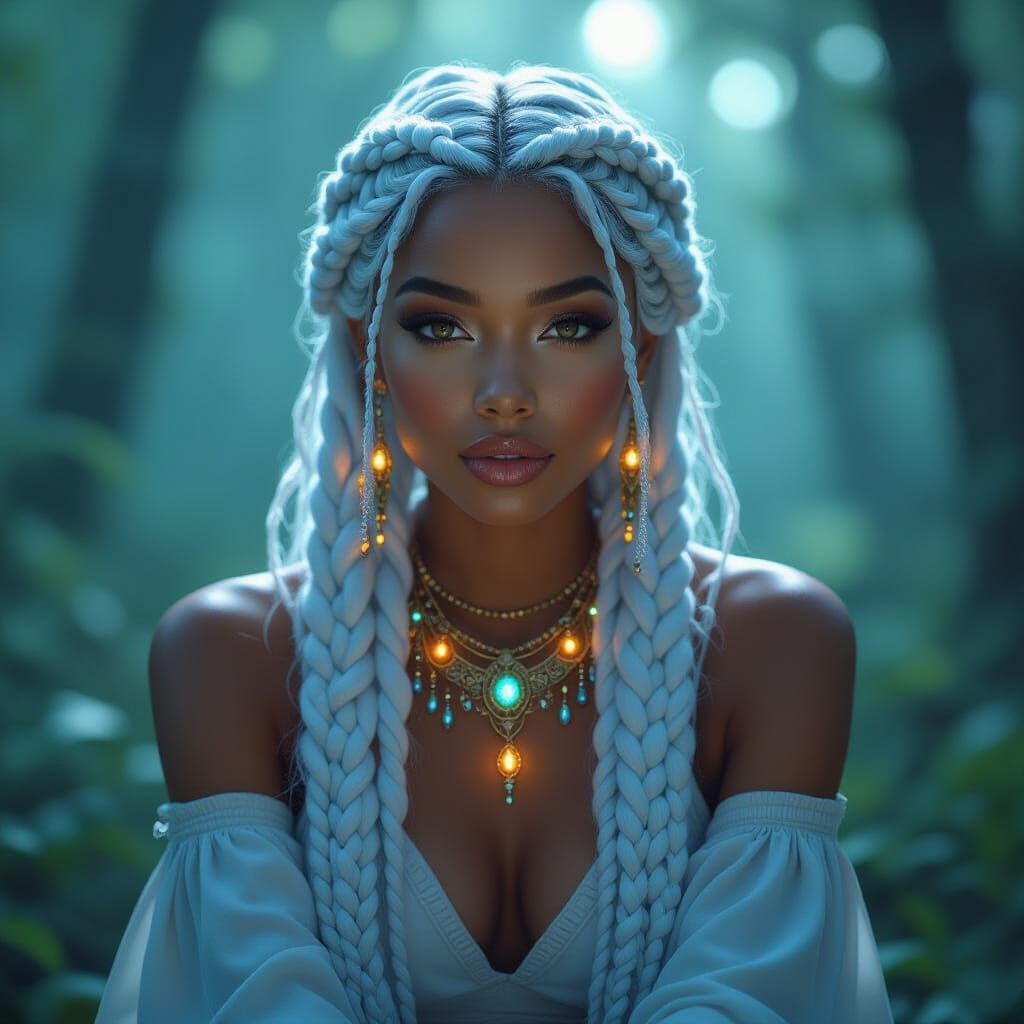 Bioluminescent Braids in Twilight Forest: Ethereal Portrait
