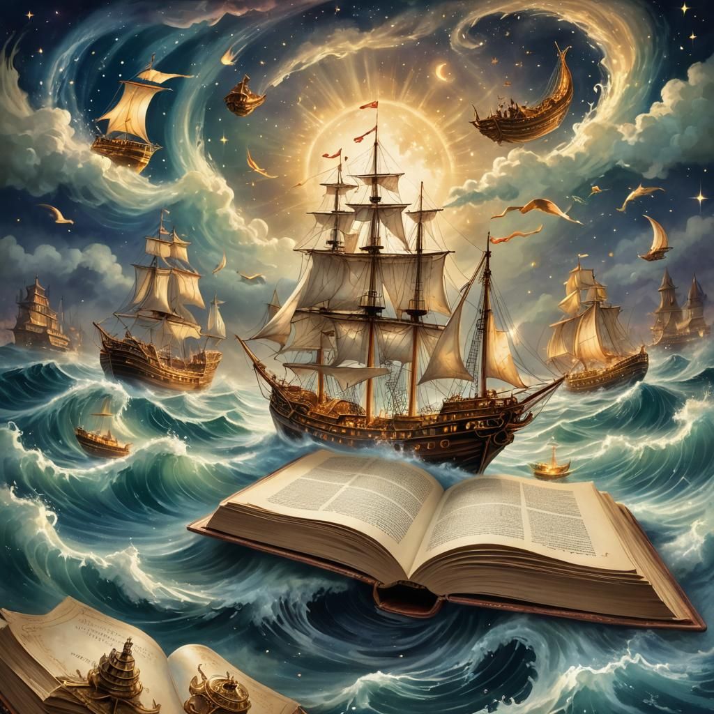 Radiant Book Floating in Misty Cosmos