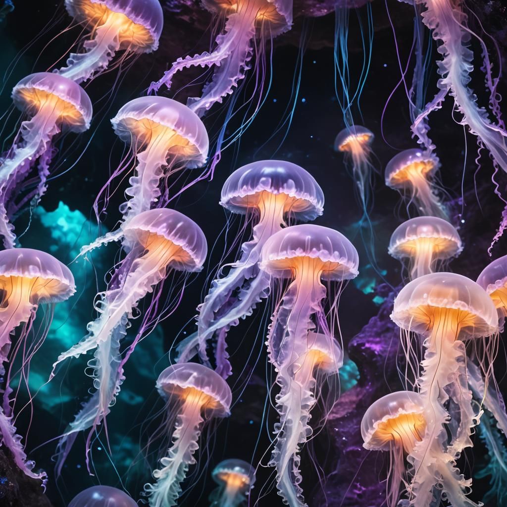 Ethereal Jellyfish Floating in Deep Ocean Cave