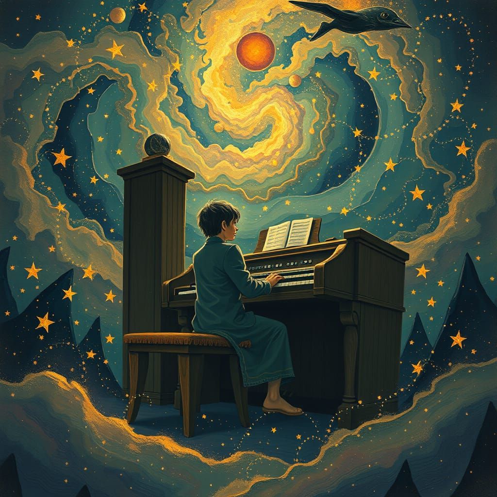 Cosmic Organist's Longing for Unknown Girl in Starry Expanse