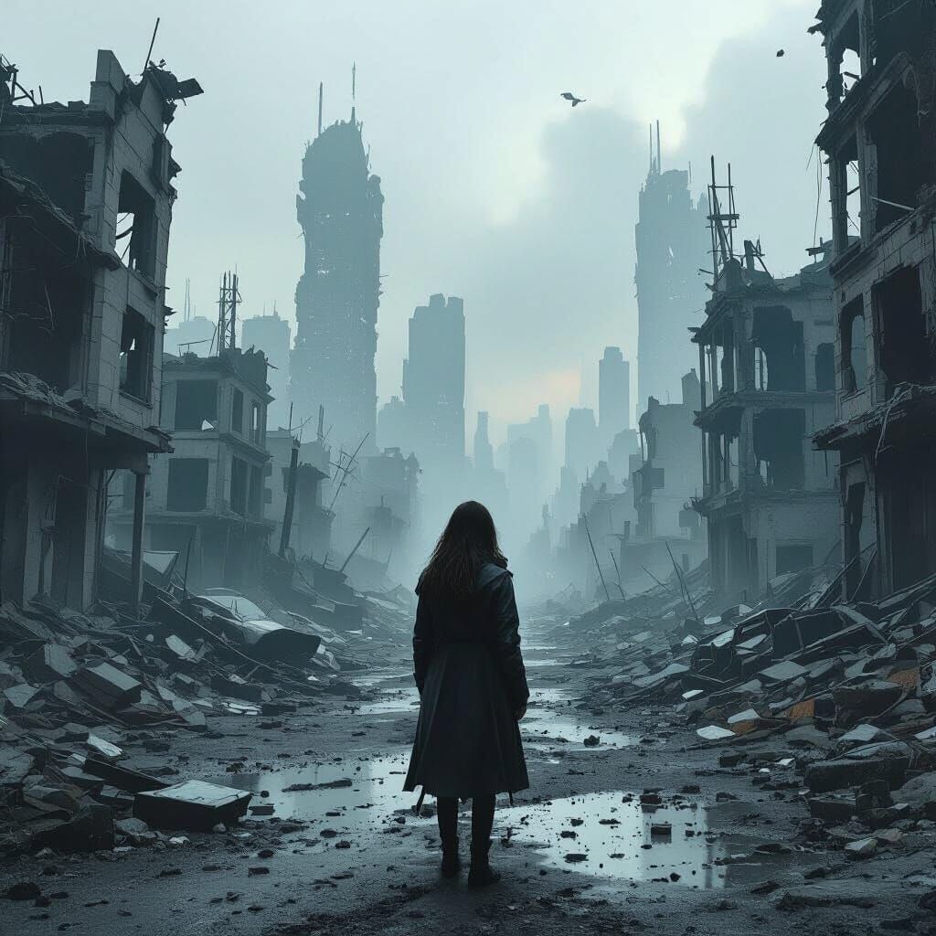 Dystopian Woman in Crumbling City: Gritty Realism
