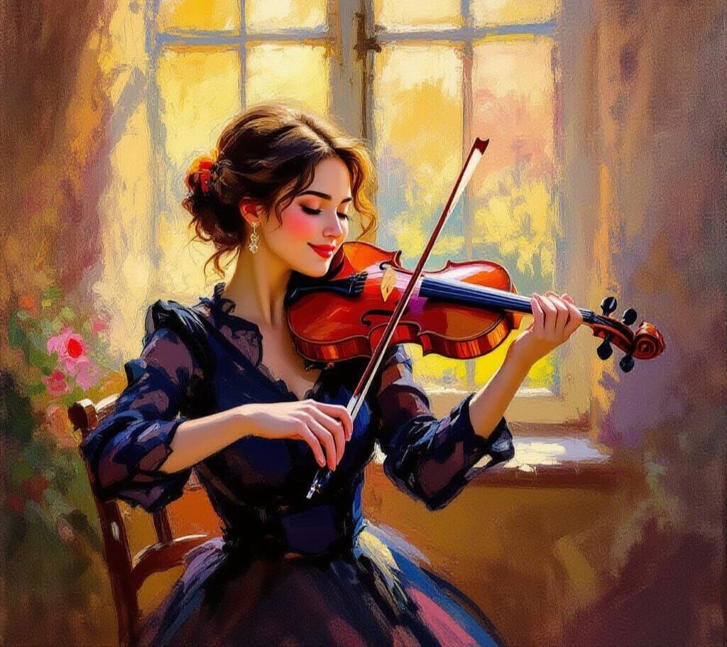 Vibrant Impressionist Painting of Musician Playing Viola