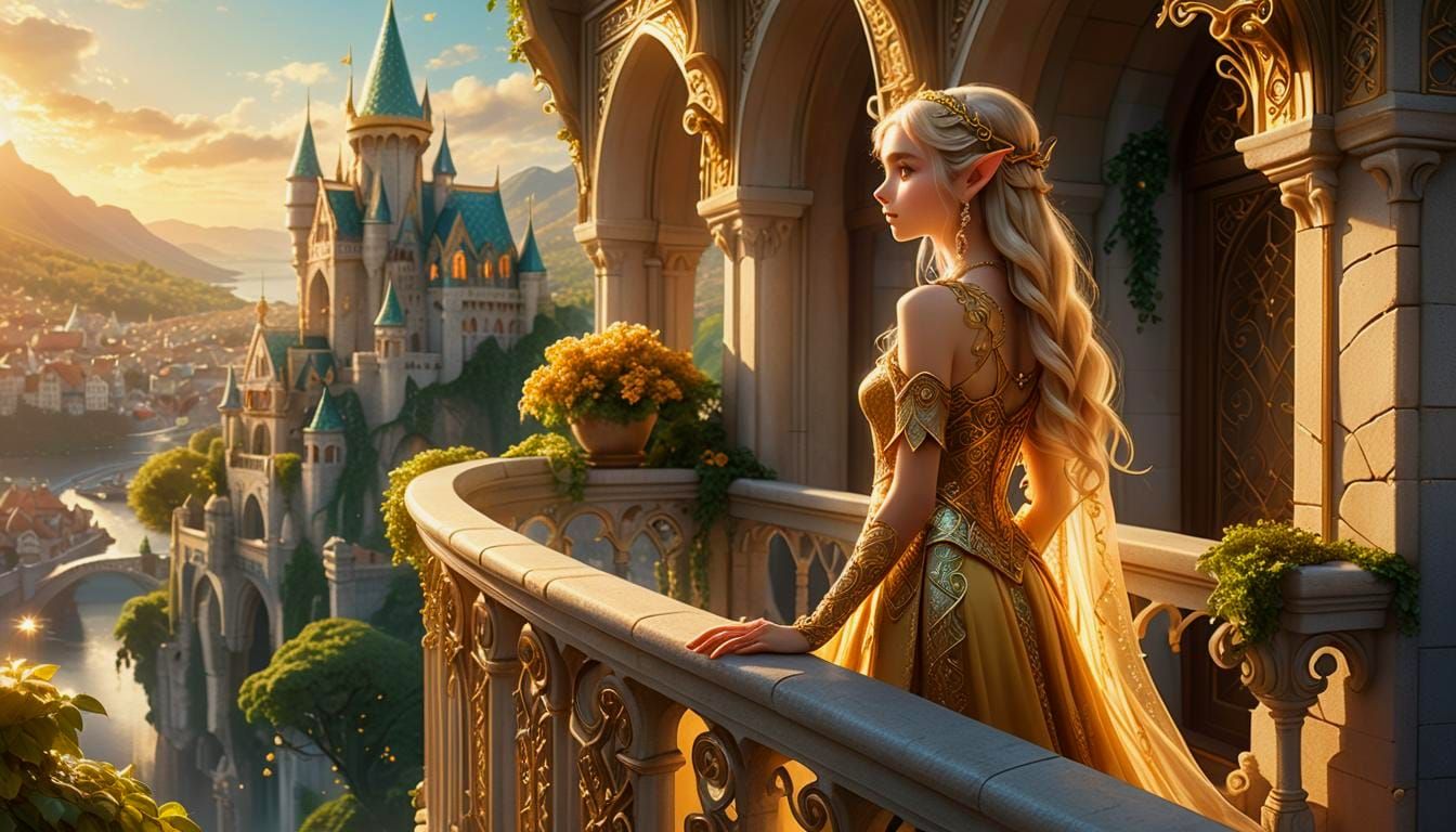 Elf Princess Contemplates City from Palace Balcony