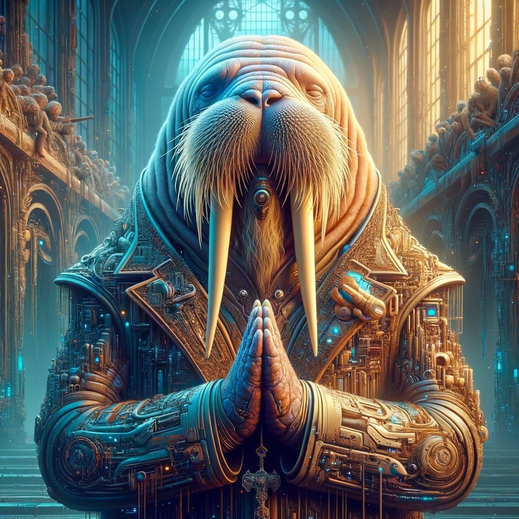 Cyberpunk Walrus Priest in Prayer, Matte Painting