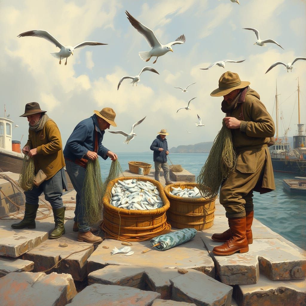 Fishermen in a Tranquil Impressionist Harbor Scene