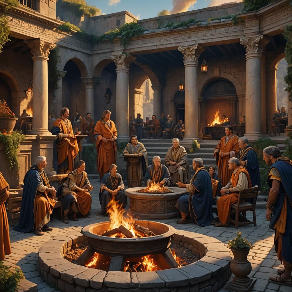 A meeting of Roman Senators in Ancient Rome in a large open air tavern. A fire pit is in the center.
