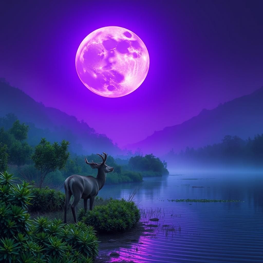 Deer Gazing at Purple Moon in Hyperrealistic Style