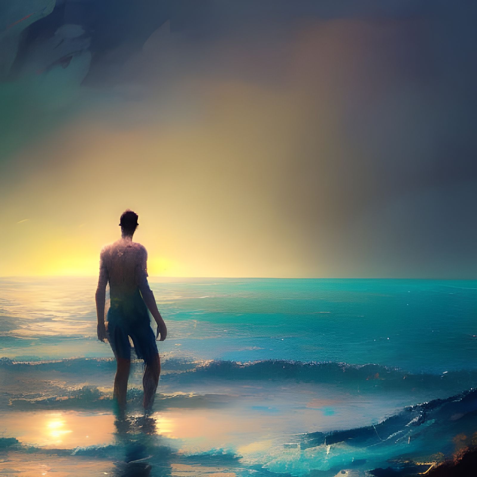 Rainbow over Man at Shore: Colorful Matte Painting