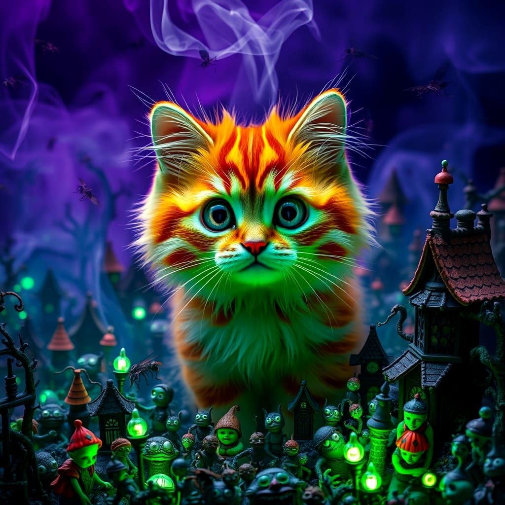 Startled Neon Cat in Surreal Fantasy Wimmelbilder Scene